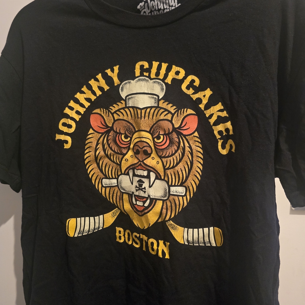 Johnny Cupcakes Black Tee with Yellow and Brown Bear Graphic